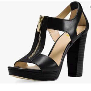 FSJ Women Peep Open Toe T-Strap Front Zipper Chunky Stacked High Heel Black Shoe